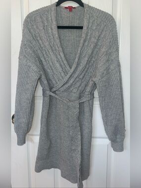 Guess Gray Cable Knit Sweater Wrap Style  Dress Raglan Balloon Sleeve Sz L
